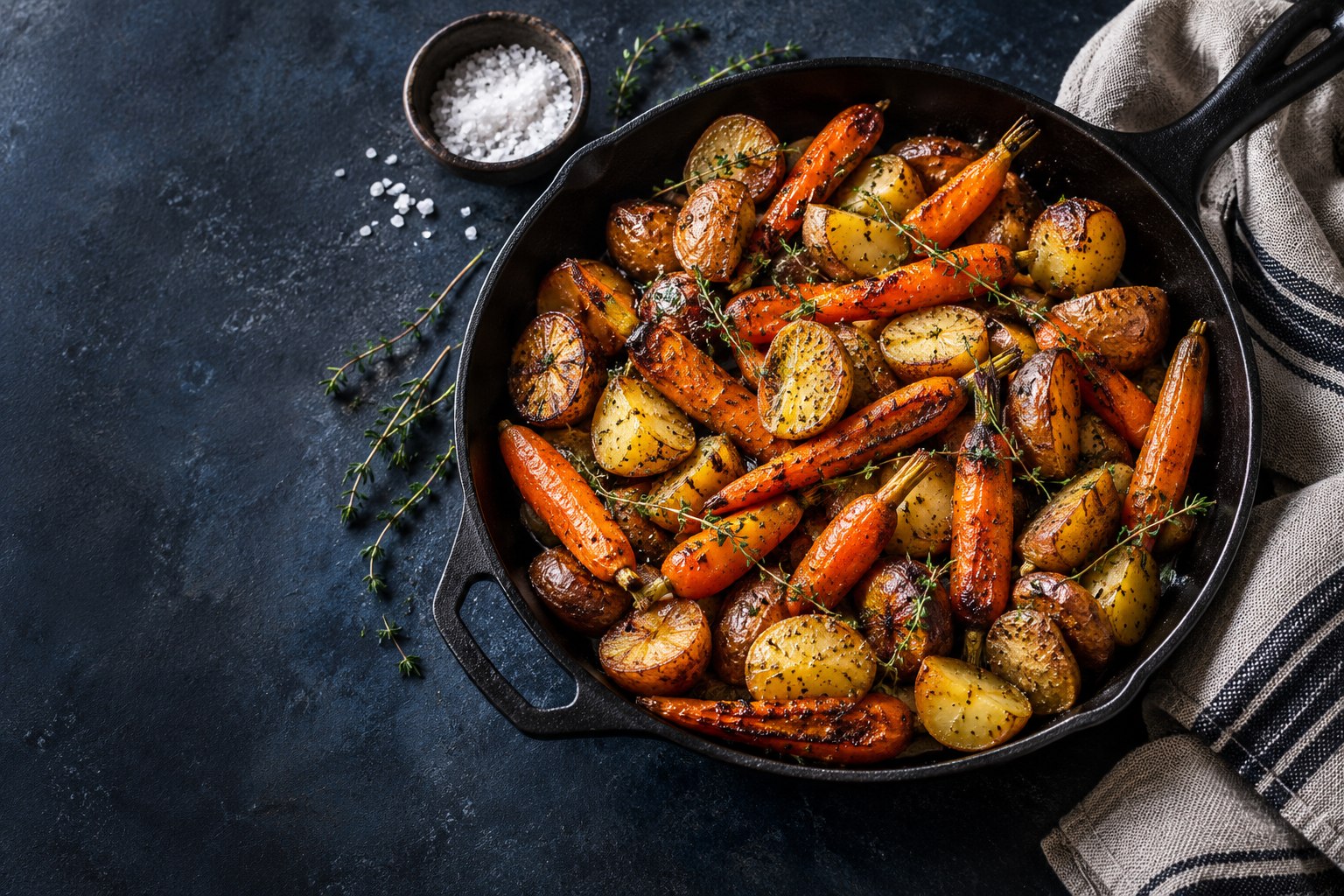 AI-generated editorial illustration of a skillet dinner on a navy table